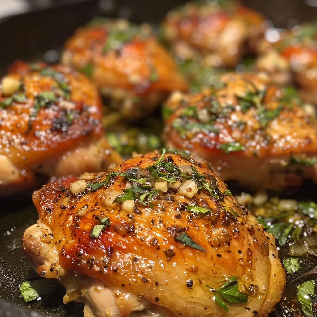 Juicy garlic butter chicken thighs garnished with herbs
