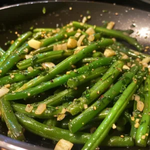 Bowl of garlic glazed green beans garnished with herbs