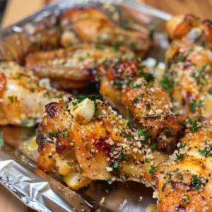 Crispy Garlic Parmesan Wings served with a side of dipping sauce.