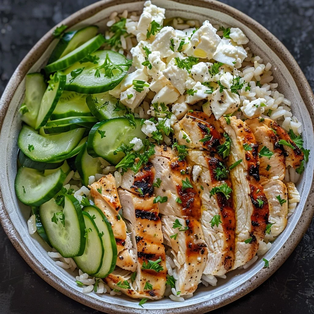 Delicious Greek chicken rice bowl garnished with fresh vegetables and yogurt sauce