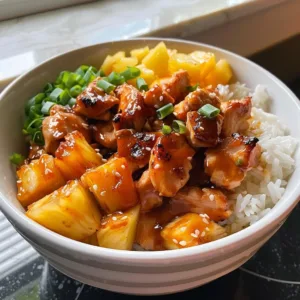 Hawaiian Chicken Bowl topped with Sweet Chili Sauce and fresh vegetables