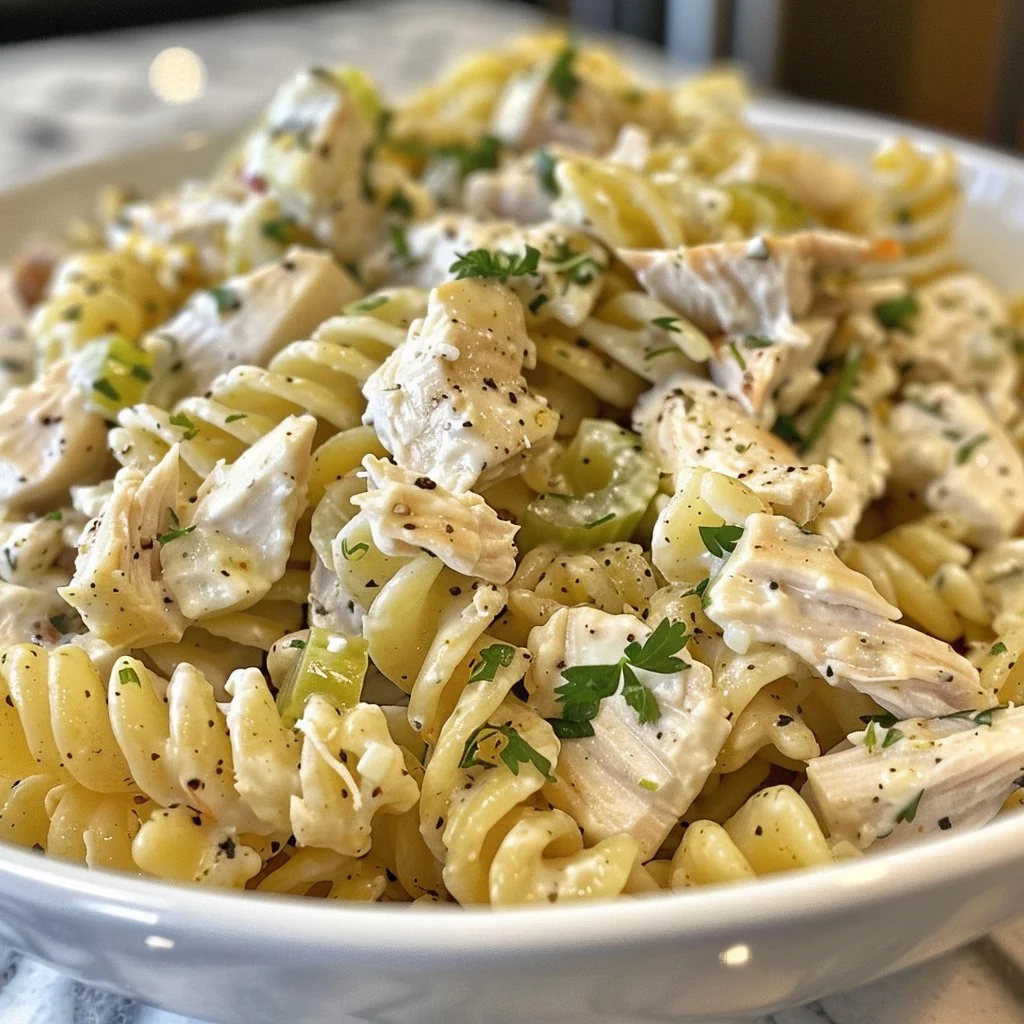 High protein chicken pasta salad with fresh vegetables and dressing