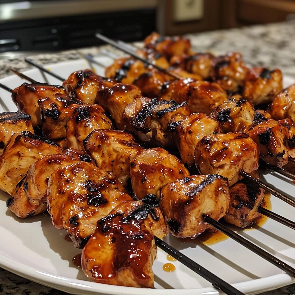 Delicious Honey BBQ Chicken Skewers ready to be grilled and enjoyed.