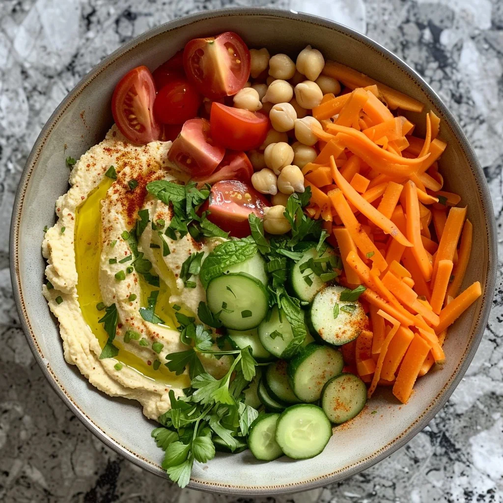 Colorful hummus veggie bowl with fresh vegetables and chickpeas