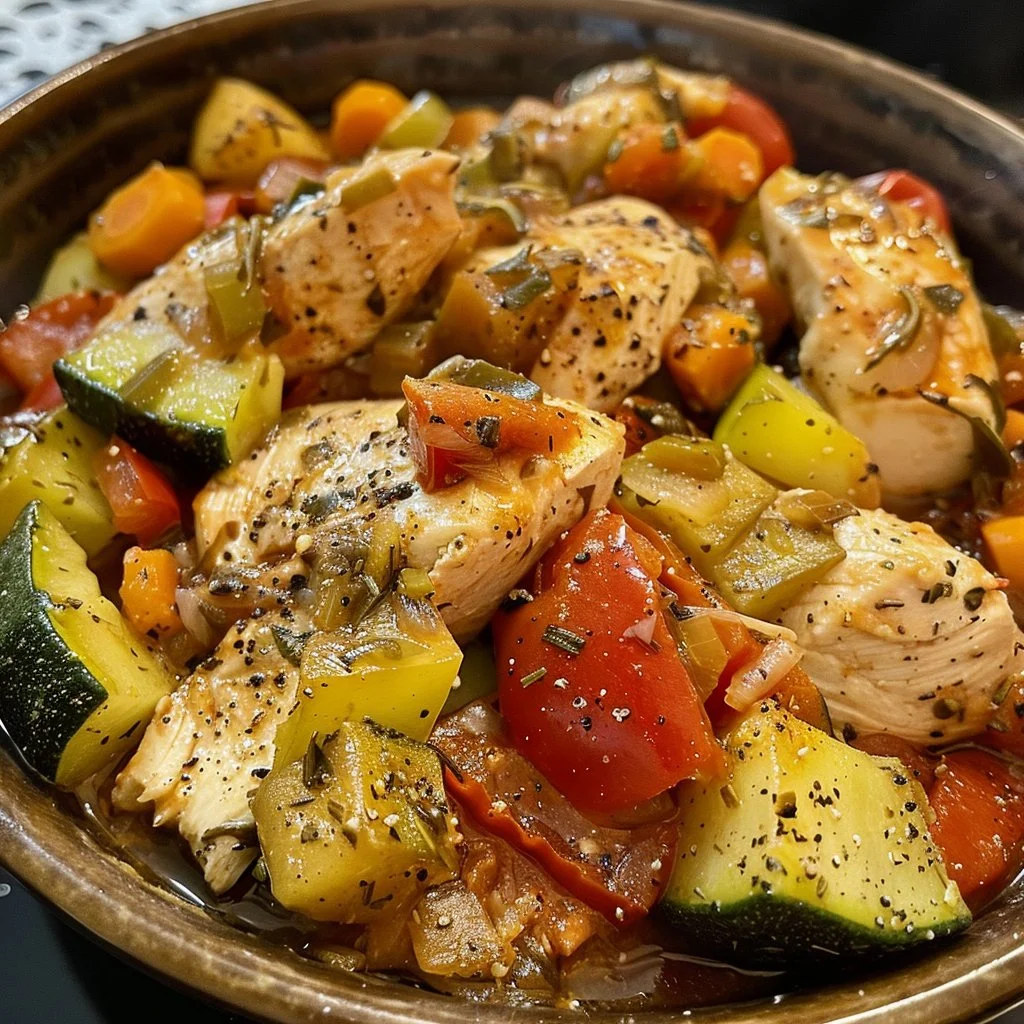 Italian chicken with colorful vegetables in a delicious sauce