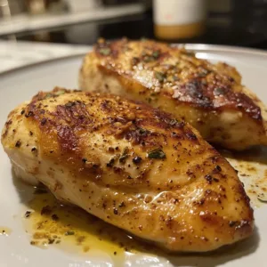 Juicy baked chicken breast served with vegetables and herbs