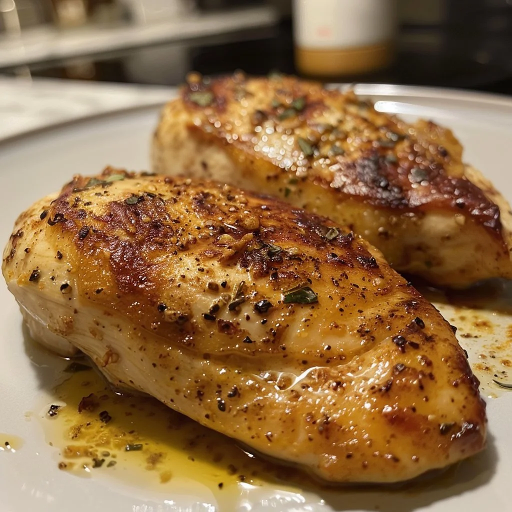 Juicy baked chicken breast served with vegetables and herbs