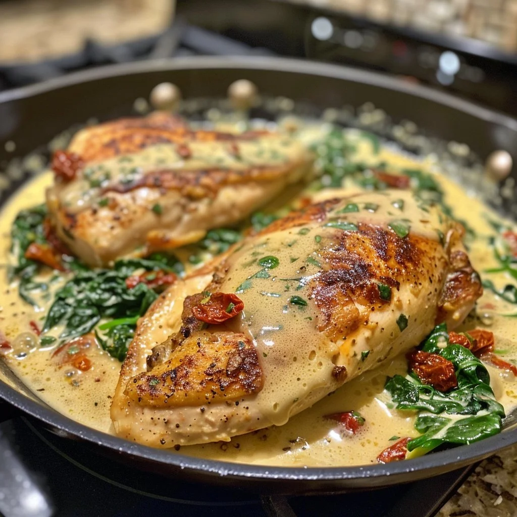 Keto Tuscan Chicken dish served with creamy sauce and vegetables