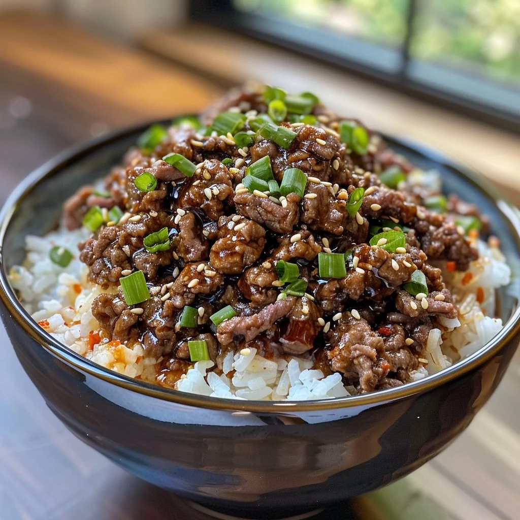 Korean beef bowl with tender beef and colorful vegetables