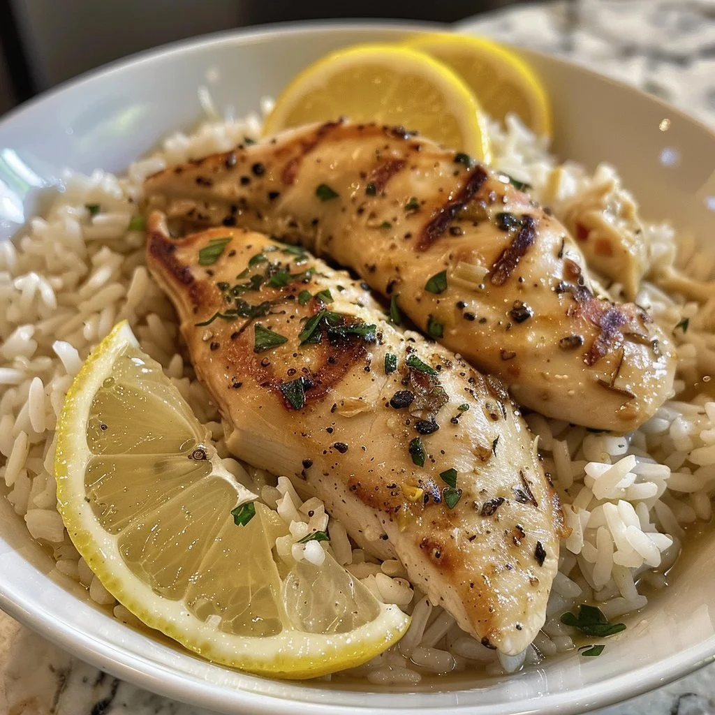 Lemon chicken served with fluffy rice on a white plate