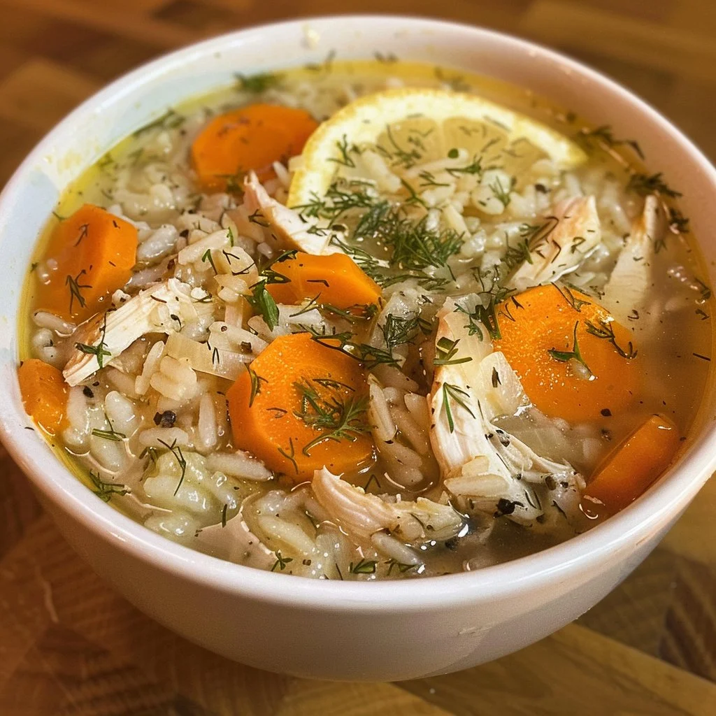 Bowl of Lemon Chicken and Rice Soup garnished with fresh herbs