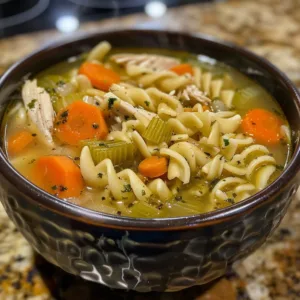 Delicious bowl of Lemon Chicken Noodle Soup with fresh herbs and lemon slices