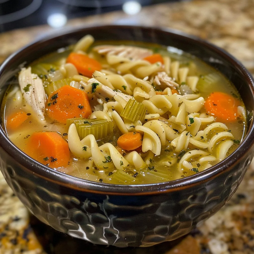 Delicious bowl of Lemon Chicken Noodle Soup with fresh herbs and lemon slices