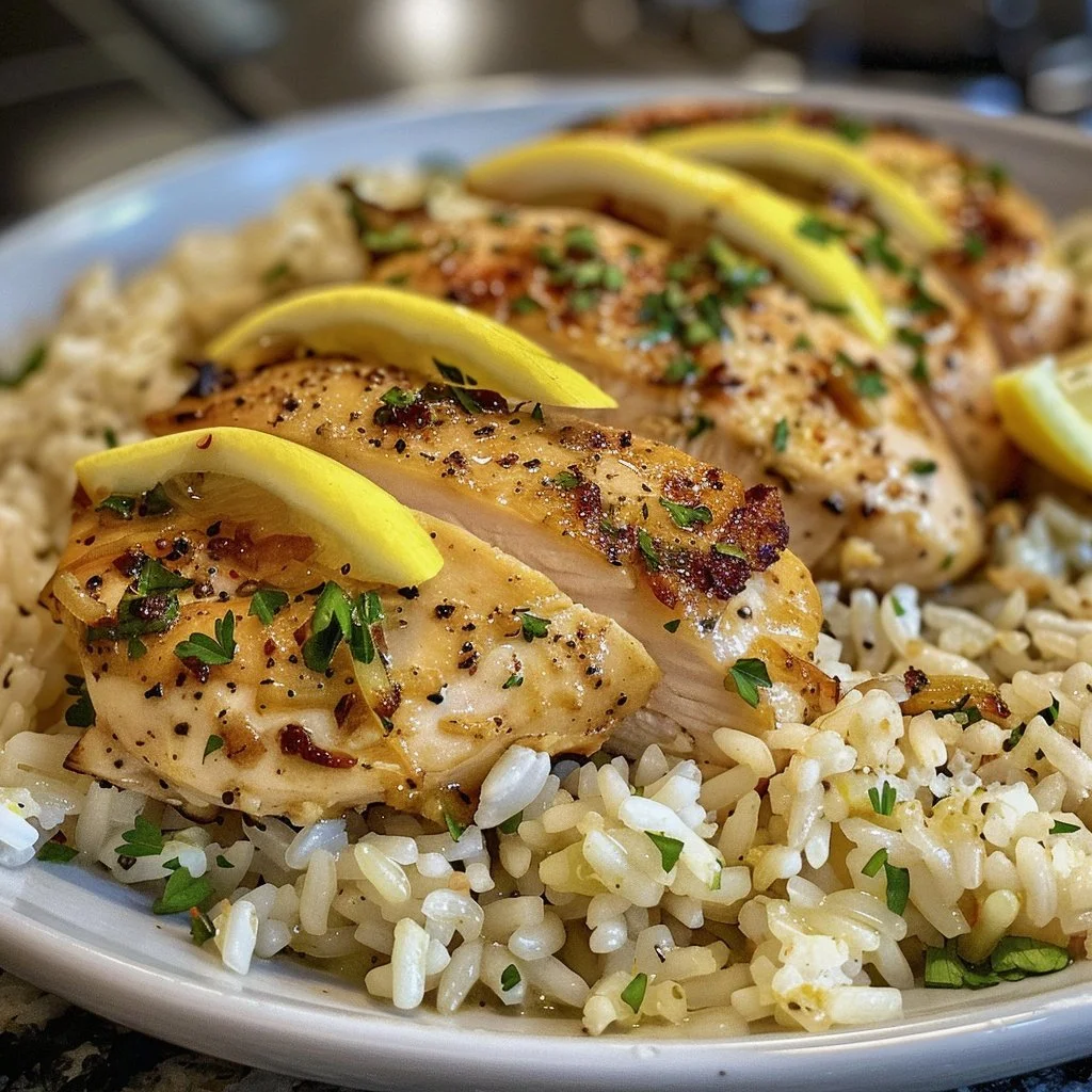 Plate of lemon chicken served with rice and fresh herbs
