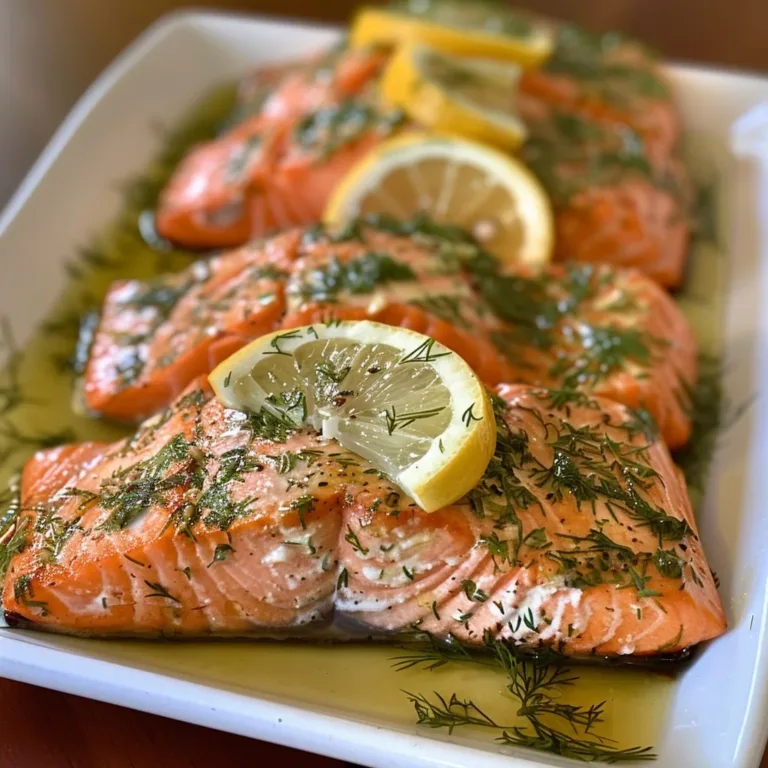 Lemon Dill Salmon cooked with herbs and lemon wedges on a plate.