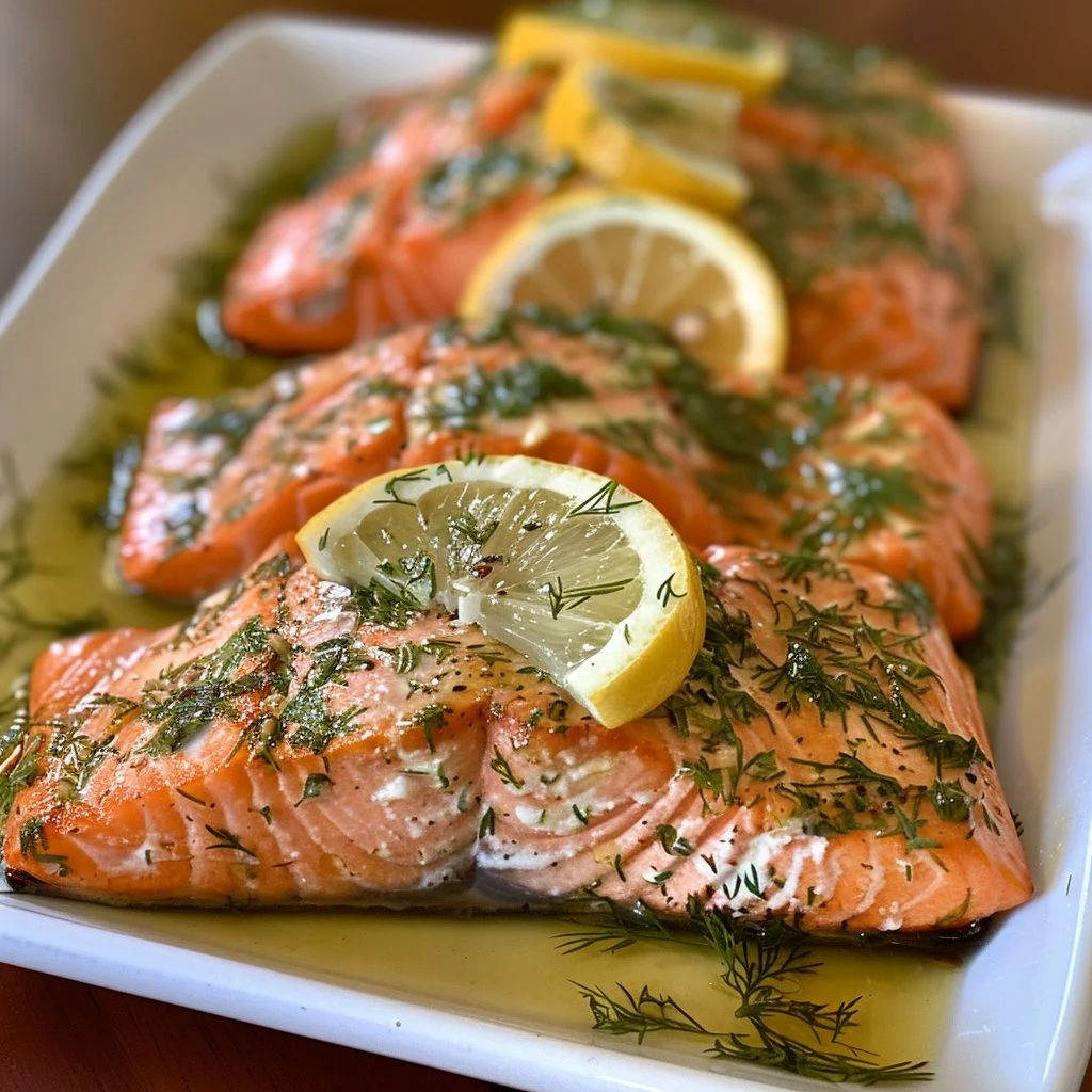 Lemon Dill Salmon cooked with herbs and lemon wedges on a plate.