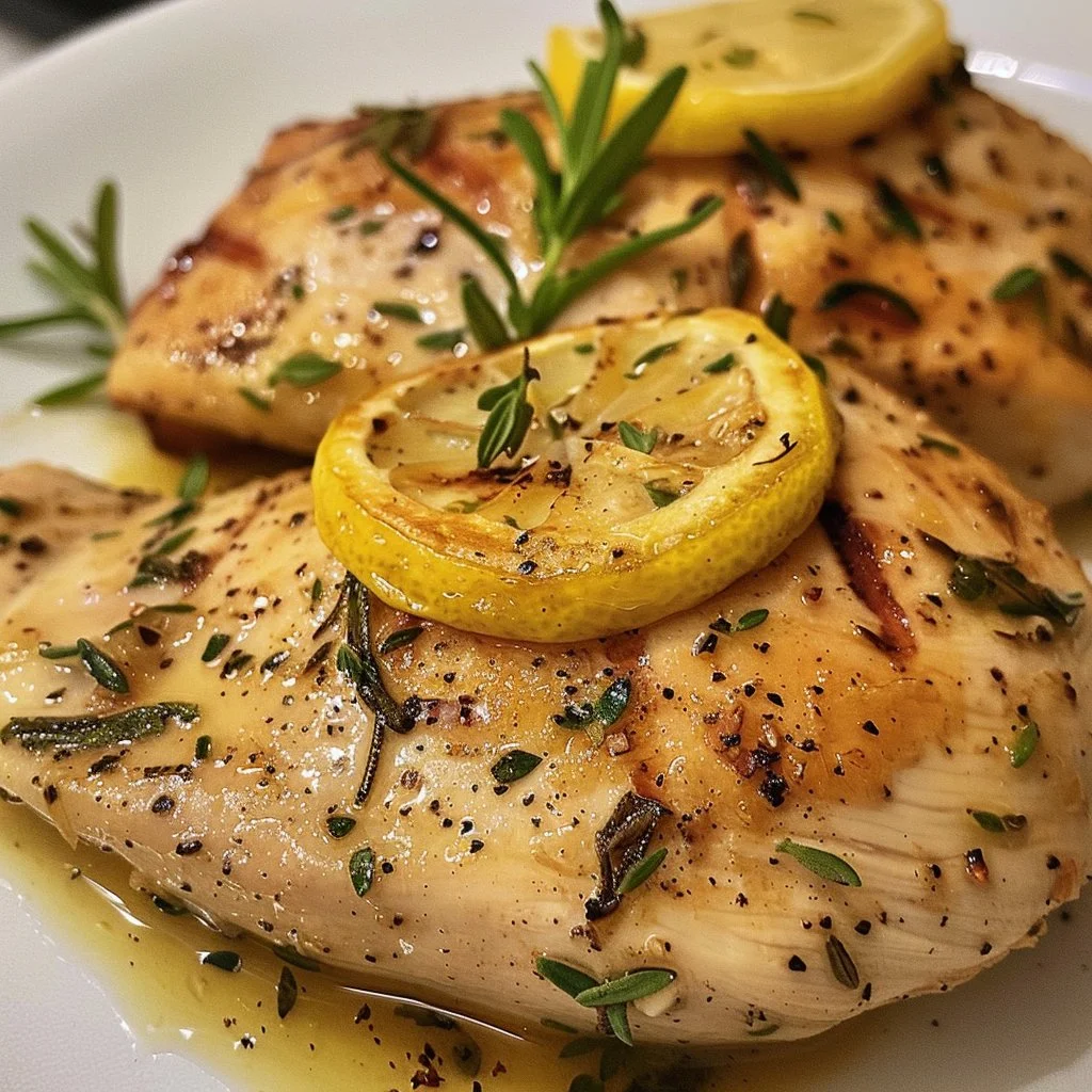 Plate of Lemon Herb Chicken garnished with herbs and lemon slices