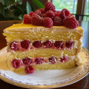 Slice of Lemon Raspberry Cheesecake Cake with fresh raspberries and lemon zest