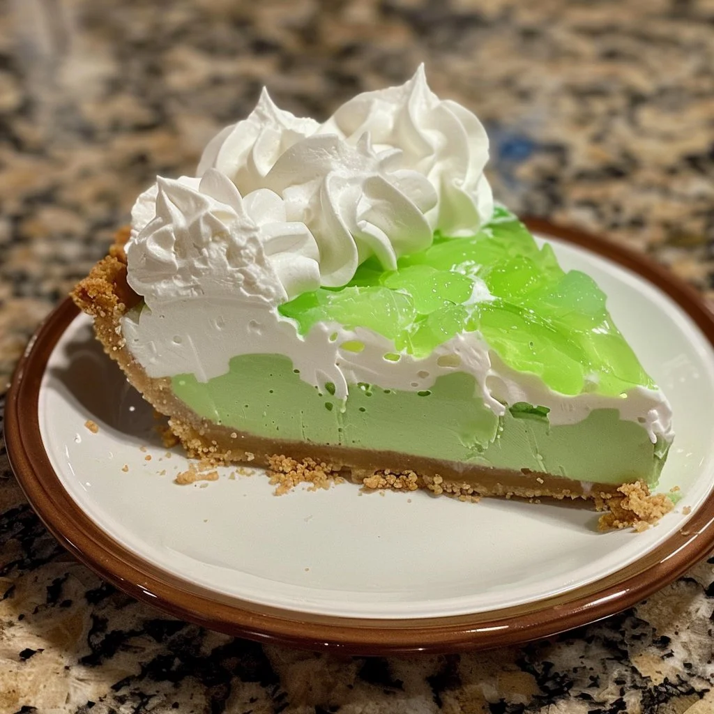 Delicious Lime Jello Pie served on a plate with a slice taken out