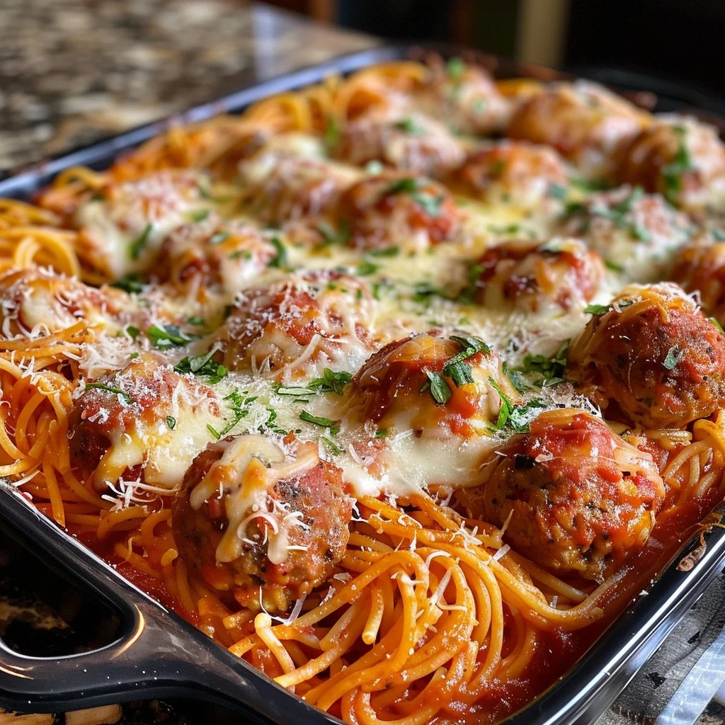 Delicious meatball spaghetti bake topped with cheese and herbs