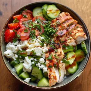 A vibrant Mediterranean Chicken Bowl filled with colorful vegetables and herbs.