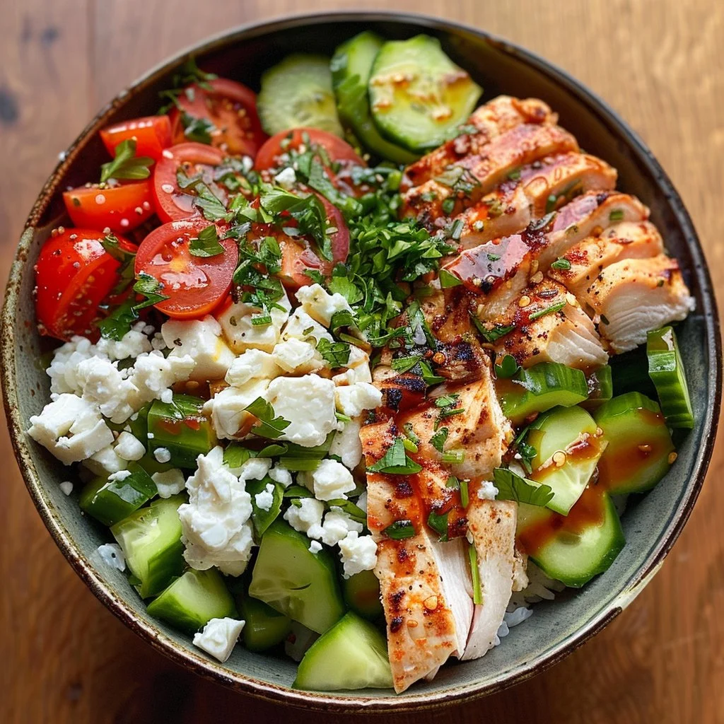 A vibrant Mediterranean Chicken Bowl filled with colorful vegetables and herbs.