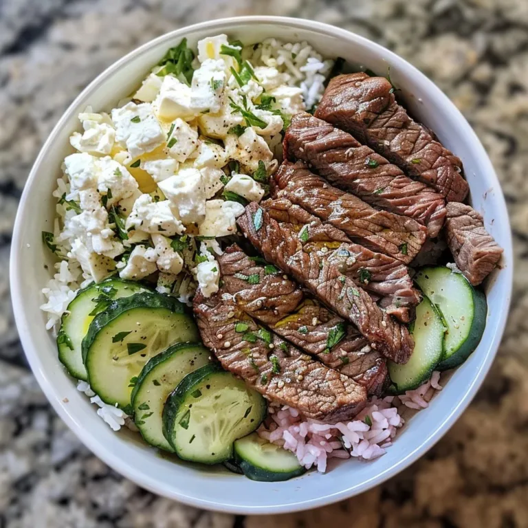 Mediterranean-style beef bowl garnished with fresh vegetables and herbs
