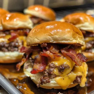 Plate of mini bacon cheeseburgers topped with melted cheese and garnished.