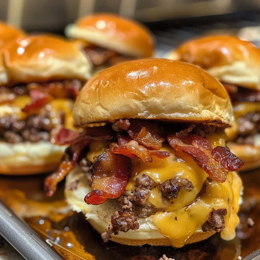 Plate of mini bacon cheeseburgers topped with melted cheese and garnished.