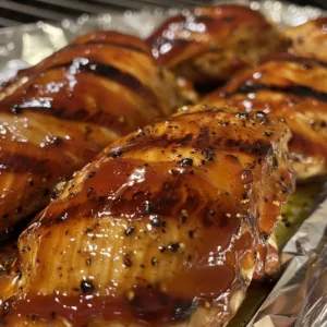 Oven-baked BBQ chicken breast served with a side of vegetables