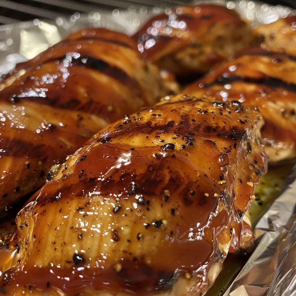 Oven-baked BBQ chicken breast served with a side of vegetables