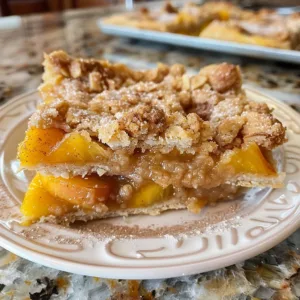 Peach cobbler bars served on a plate, showcasing golden crust and juicy peaches.