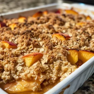 Homemade peach crisp dessert topped with golden brown crumble
