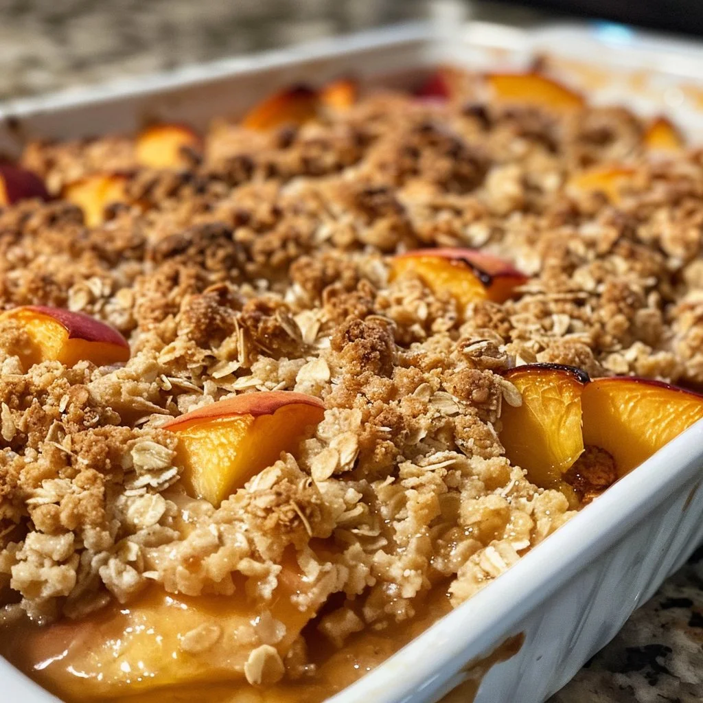 Homemade peach crisp dessert topped with golden brown crumble