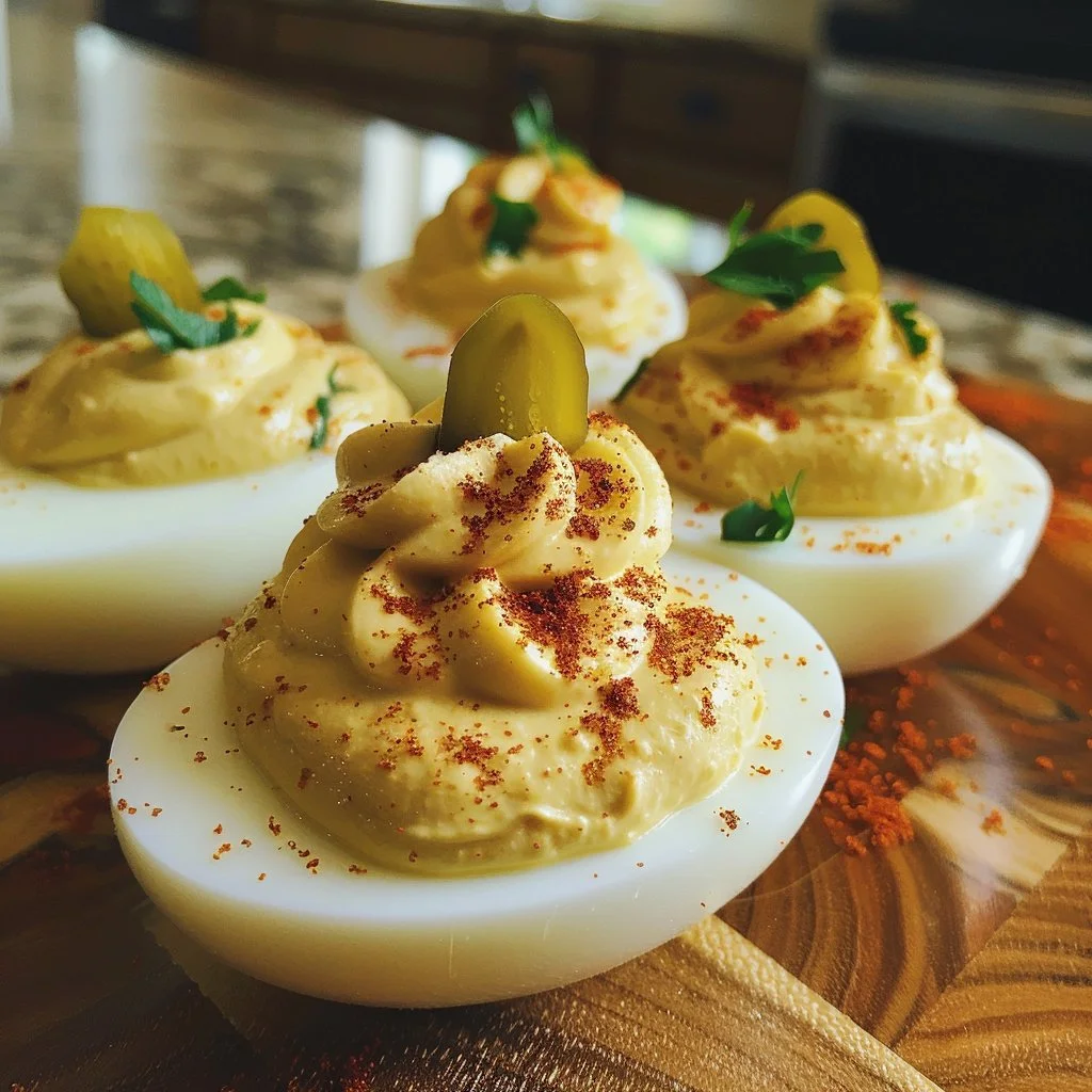 Plate of pickle-flavored deviled eggs garnished with spices