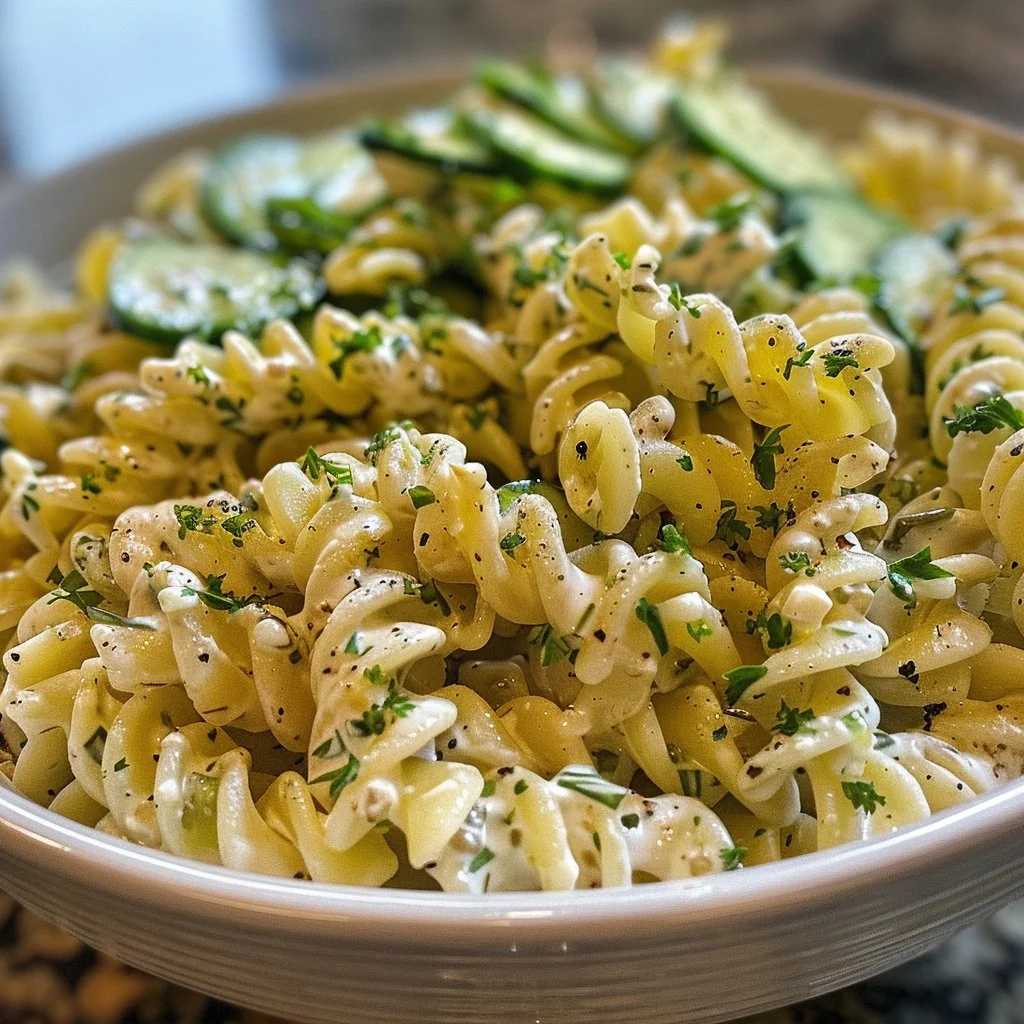 Ranch Cucumber Pasta Salad with fresh ingredients in a bowl