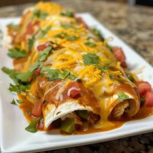 Plate of red enchilada chicken garnished with cilantro and served with rice.