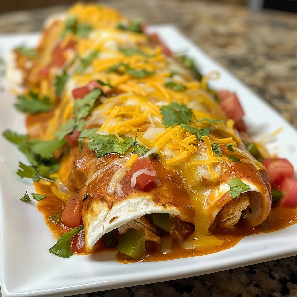 Plate of red enchilada chicken garnished with cilantro and served with rice.