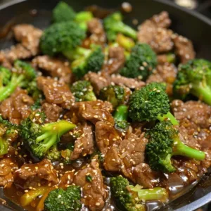 A plate of sesame beef and broccoli stir-fry ready to enjoy