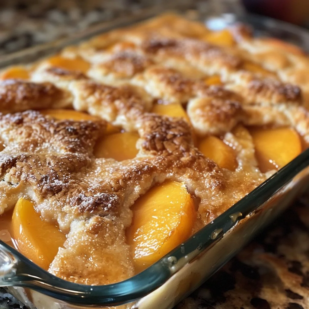 Delicious Southern peach cobbler served in a rustic dish with fresh peaches and golden crust.