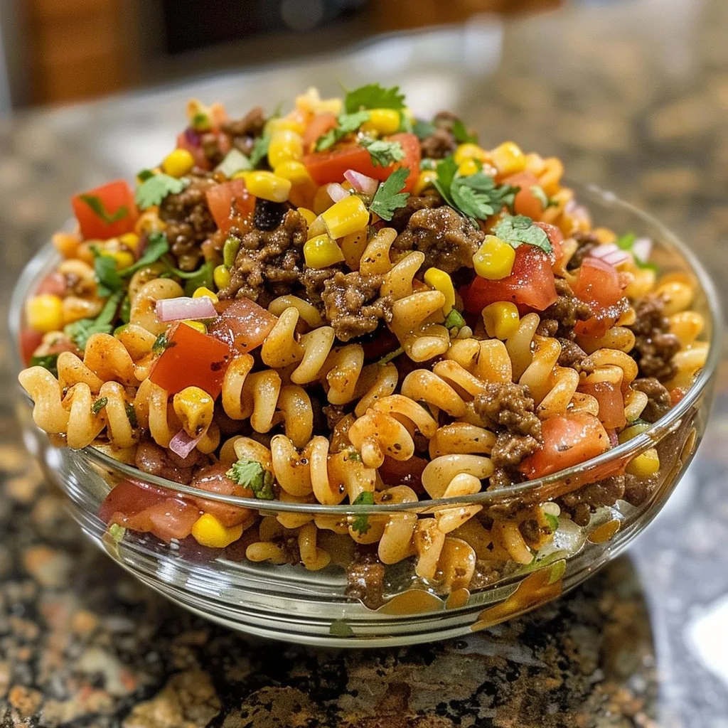 Bowl of colorful Southwest Taco Pasta Salad with fresh ingredients