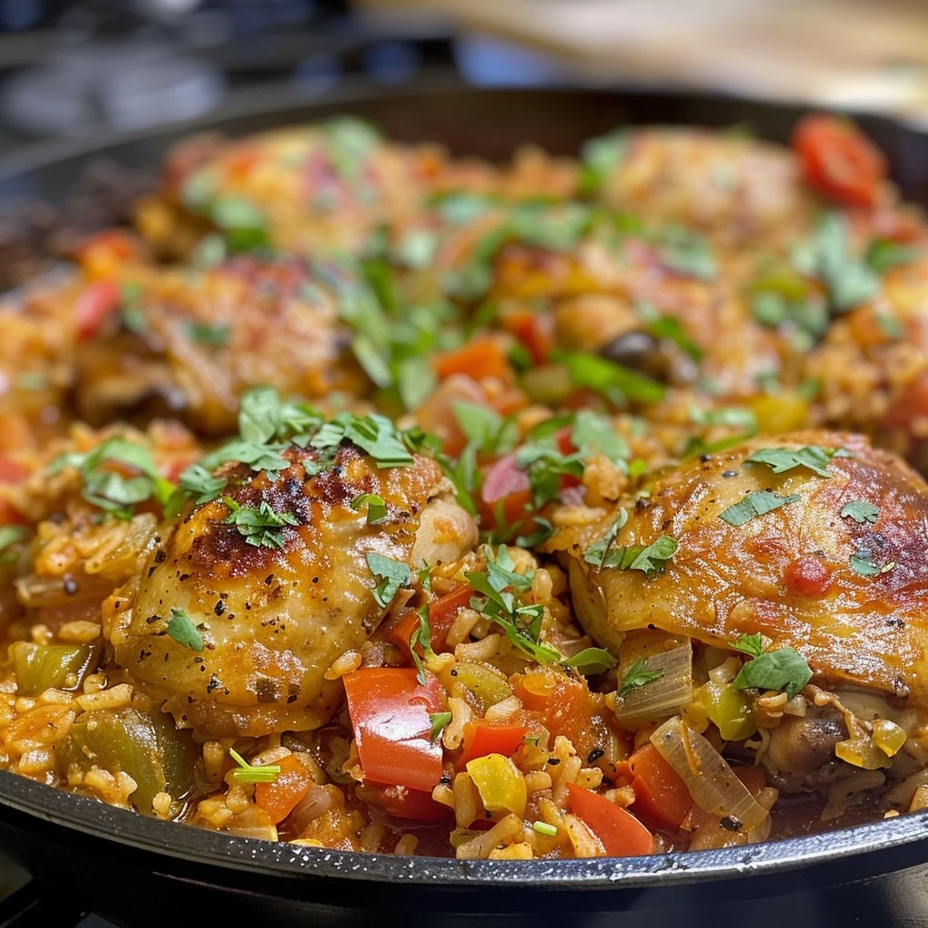A colorful plate of Spanish chicken and rice garnished with herbs and vegetables.