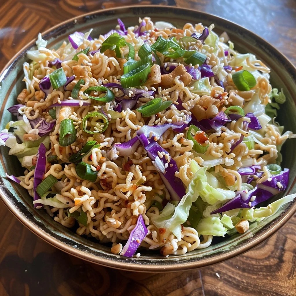 Bowl of Spicy Ramen Cabbage Salad topped with colorful vegetables