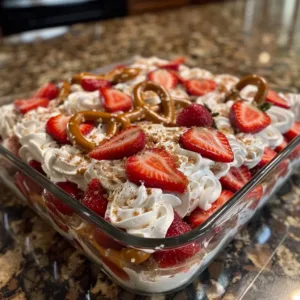 Strawberry Pretzel Icebox Cake topped with fresh strawberries and whipped cream