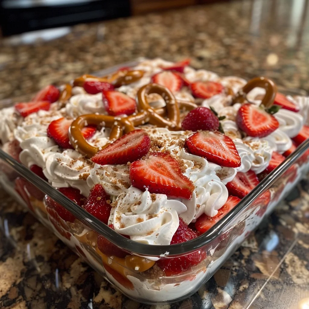 Strawberry Pretzel Icebox Cake topped with fresh strawberries and whipped cream