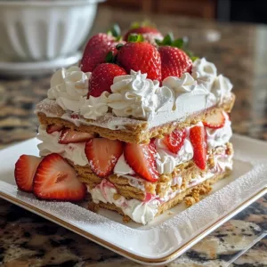 Delicious Strawberry Shortcake Icebox Cake with strawberries and whipped cream