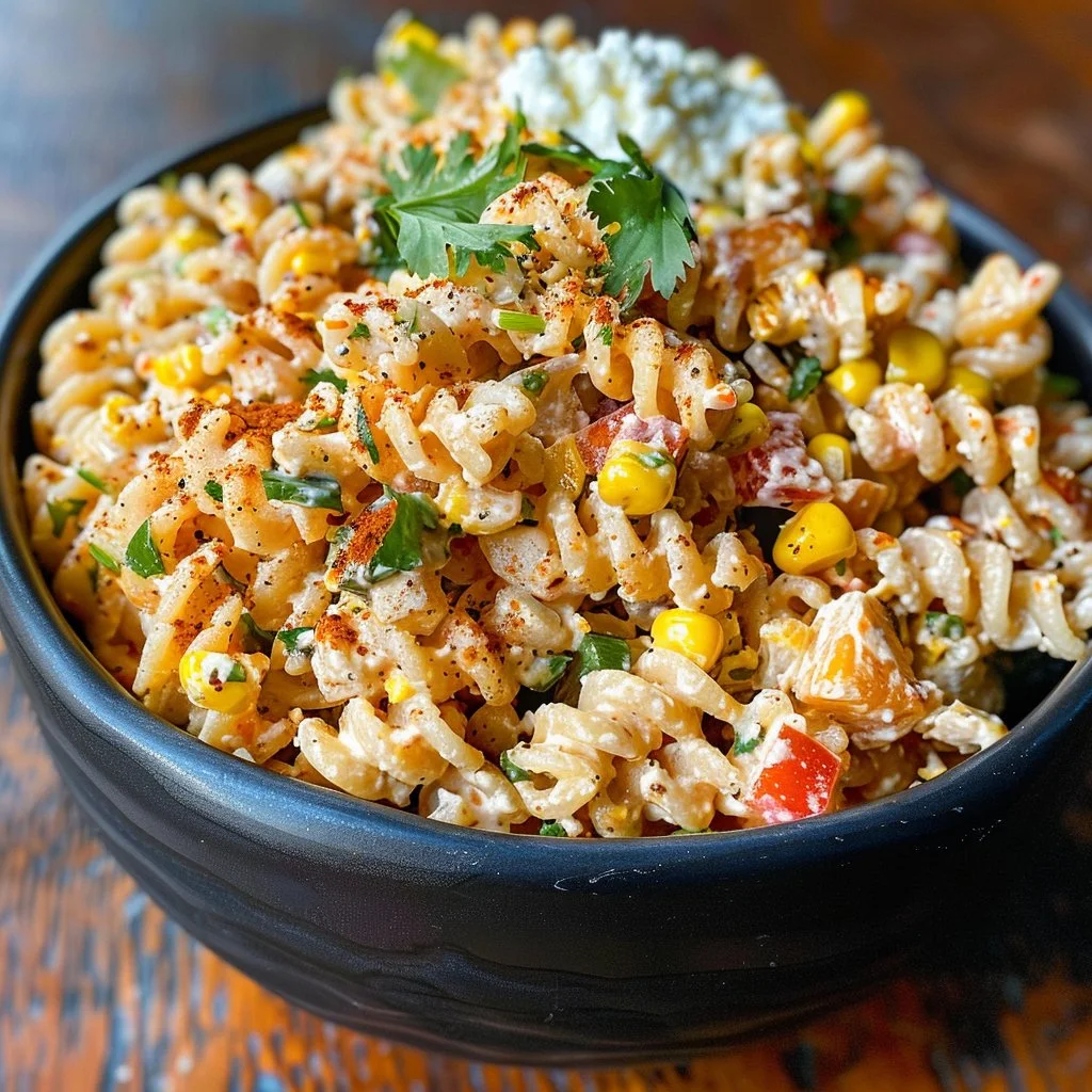 Taco Street Corn Pasta Salad with fresh ingredients and vibrant colors