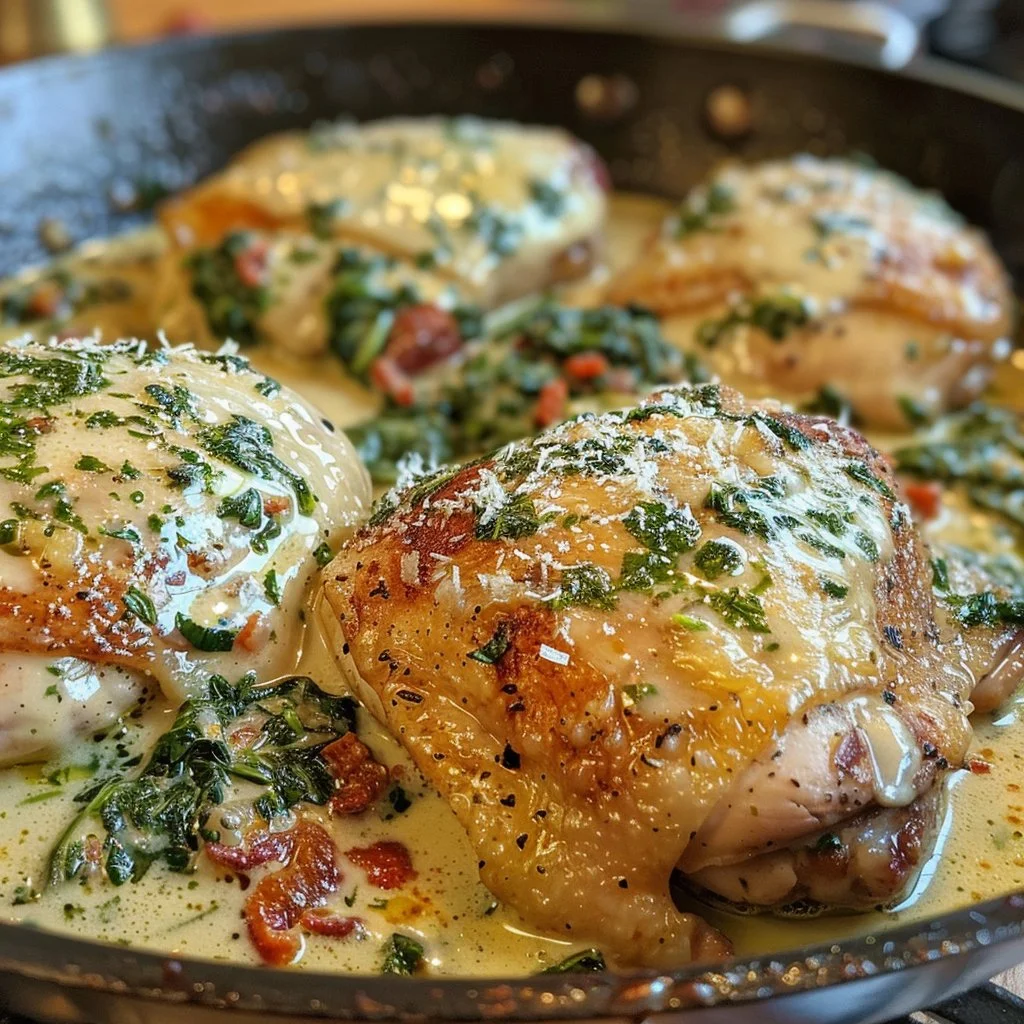 Tuscan-Style Chicken Thighs served with fresh herbs and vegetables