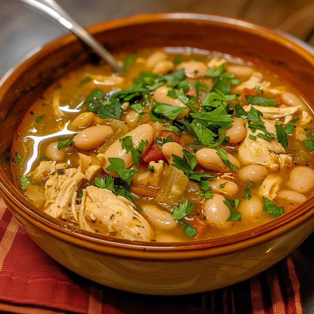 Delicious bowl of White Bean Chicken Chili topped with fresh herbs