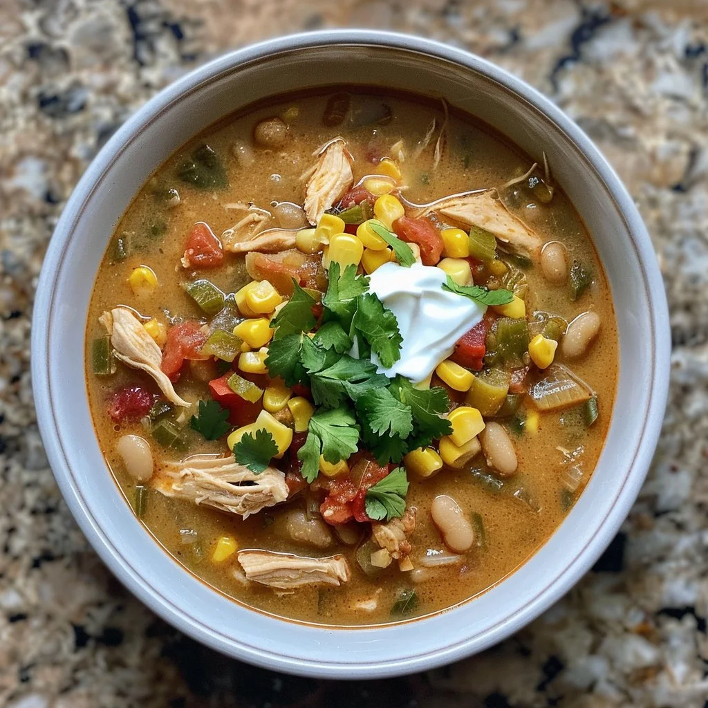 Creamy white chicken chili with corn in a bowl garnished with herbs.